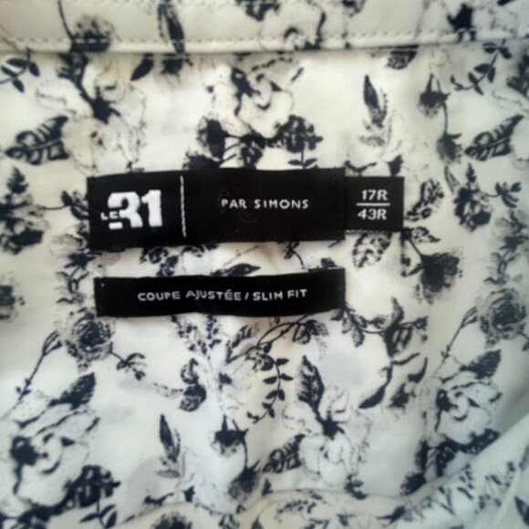 NWOT Le 31 Simons Men’s Slim Fit Floral print Shirt Black White Cotton large 17R - Picture 3 of 9
